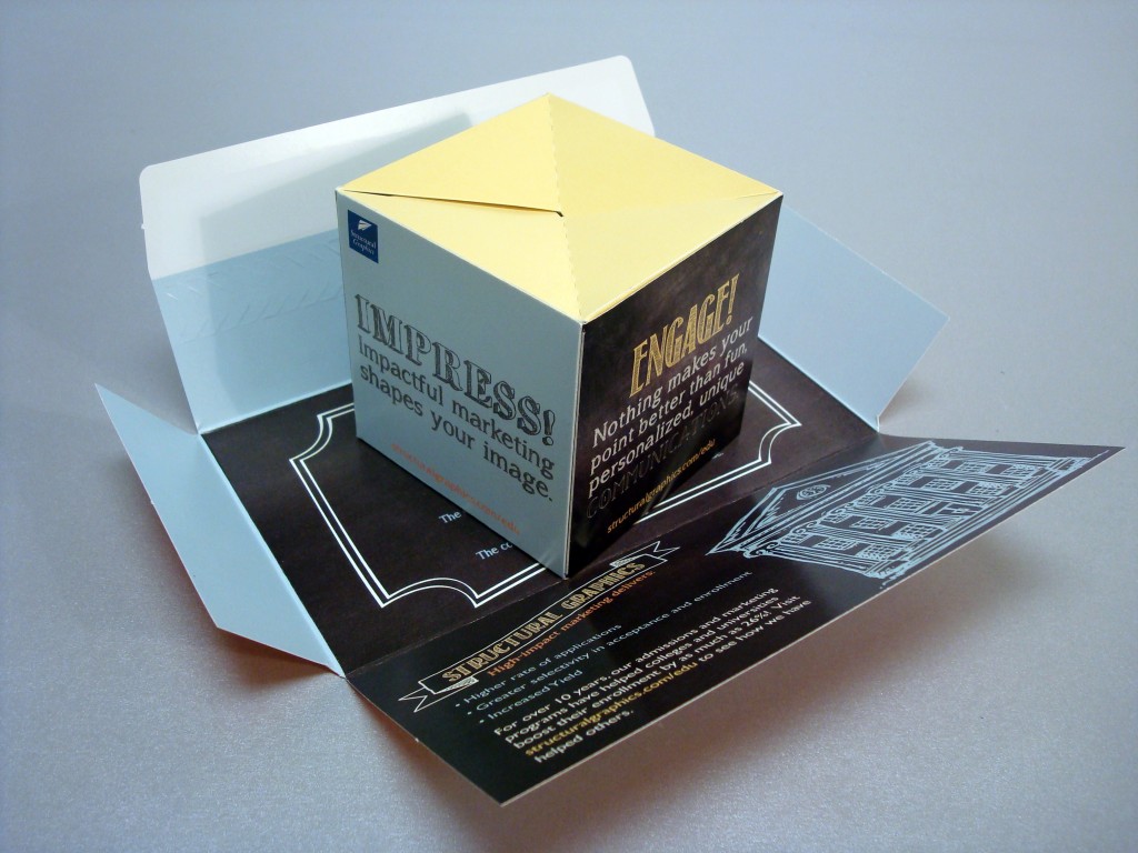 Higher Education 3" Pop Up Cube with Zip Strip Direct Mailer