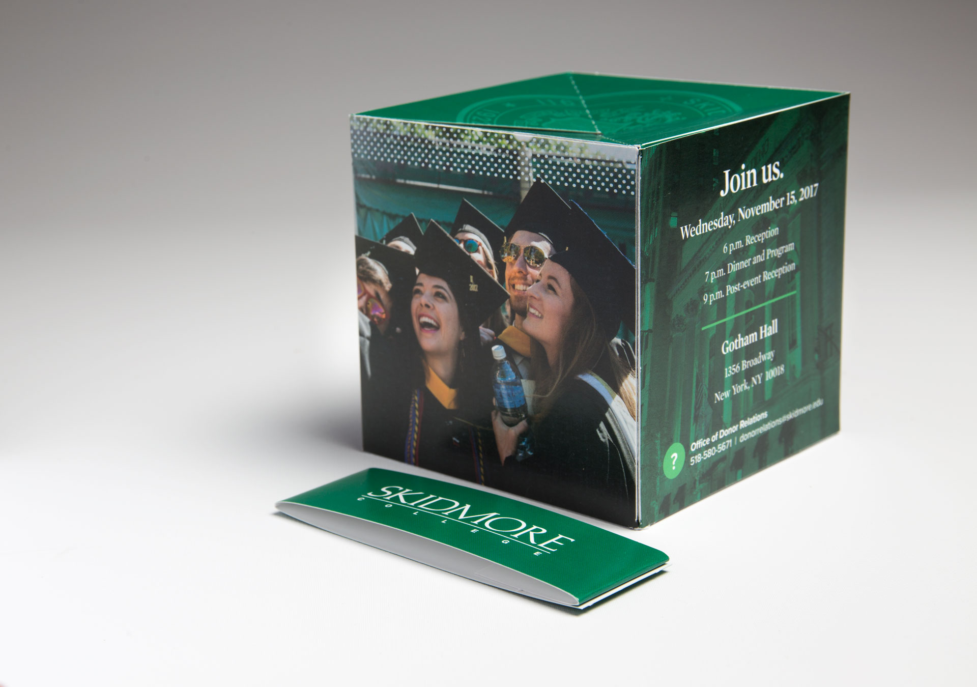 Skidmore College Uses the 4.25" Pop Up Cube to Send a Fundraising Gala Invitation that "Pops"